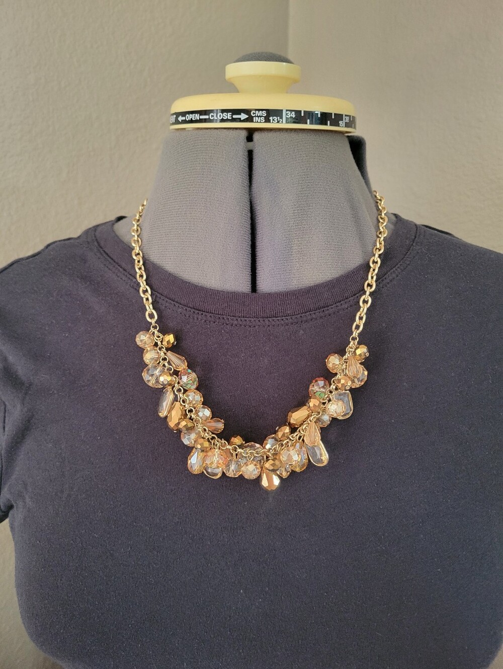 Gold Tone Beaded Amber Peach Colored Bib Statement Necklace 21.5 In